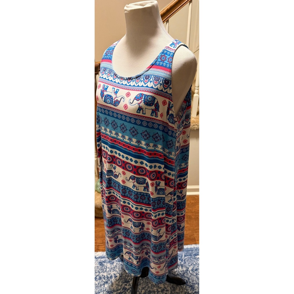 Bobbie Brooks Blue Pink Elephant Print Sleeveless Keyhole Back Shift Dress Large - Picture 2 of 5